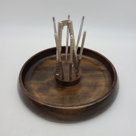 Mid Century MCM Dark Wood Nut Bowl with Nutcracker and 6 Picks - Picture 3 of 10